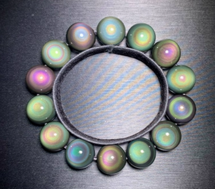 Natural double rainbow full moon eye obsidian bracelet