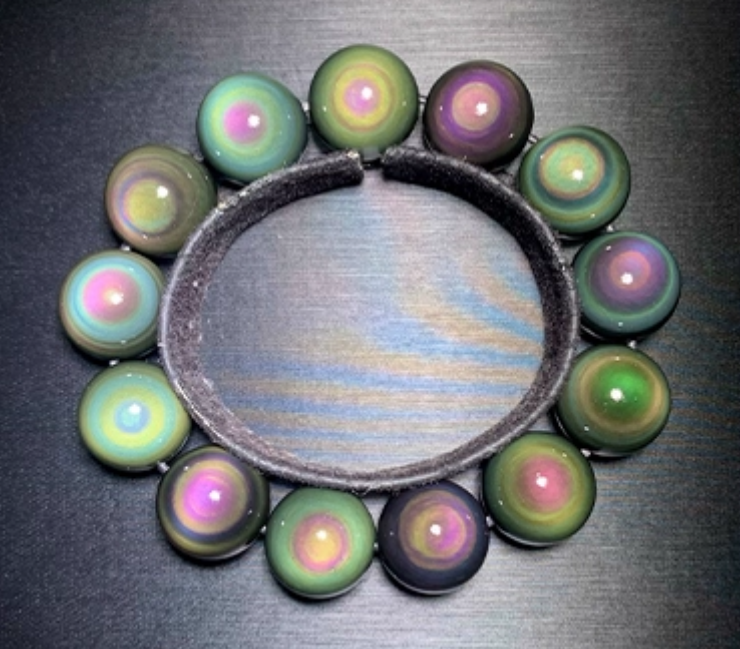 Natural double rainbow full moon eye obsidian bracelet