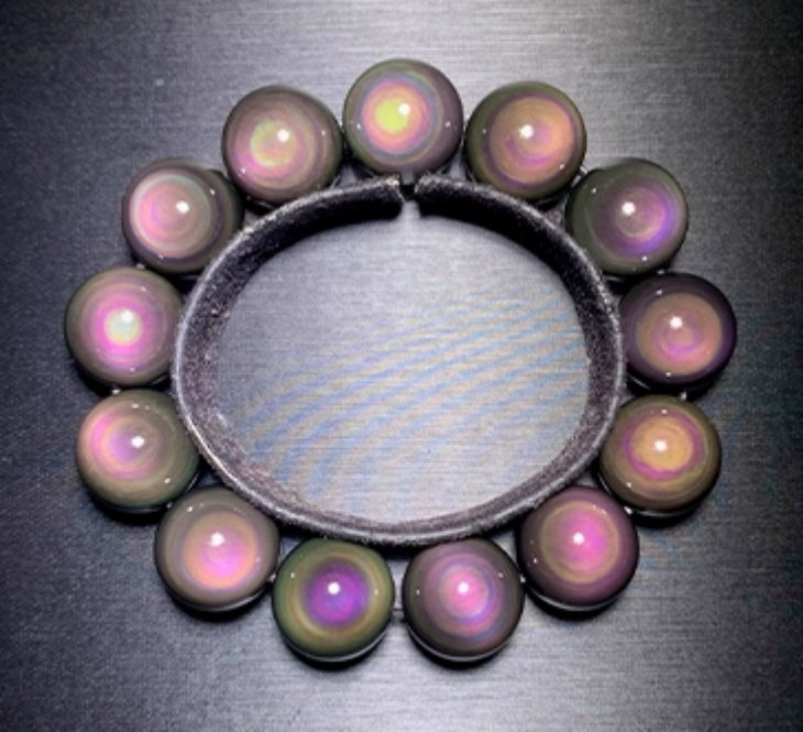Natural double rainbow full moon eye obsidian bracelet