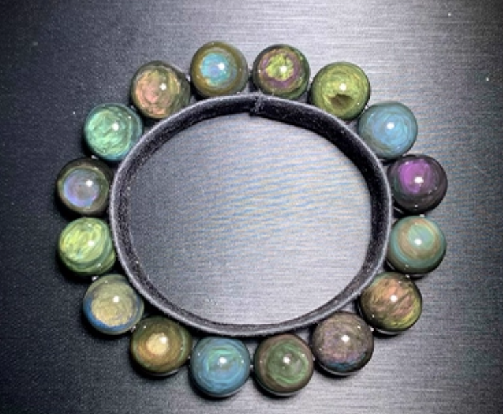 Natural double rainbow full moon eye obsidian bracelet