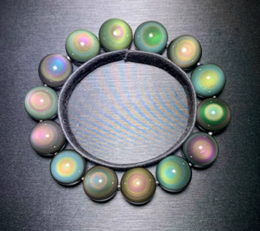 Natural double rainbow full moon eye obsidian bracelet