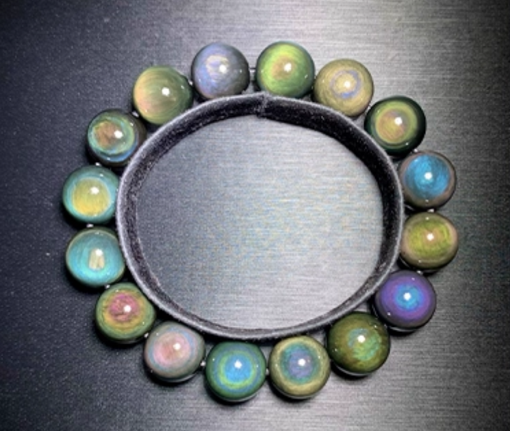 Natural double rainbow full moon eye obsidian bracelet